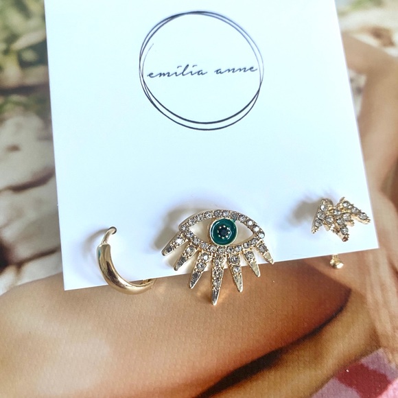 Earring Set Evil Eye Huggies Gold Crystal Baubles - Picture 3 of 5